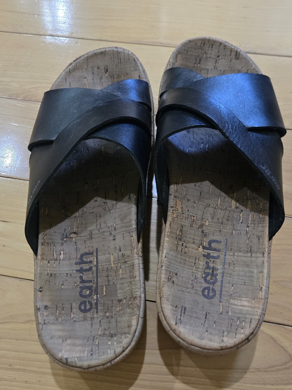 Earth Black Leather Crossover Cork Slides